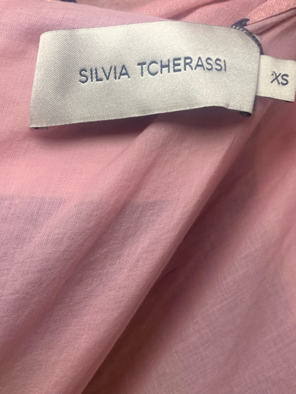 Silvia Tcherassi Oristano Off-Shoulder Linen Dress Navy Pink Blossom Floral Midi - Picture 10 of 15